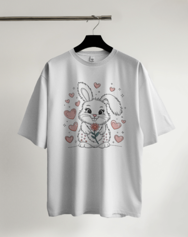 Cute Bunny T-Shirt for Women and Men- Adorable Rabbit with Flower and Heart Design - Perfect Gift Tee