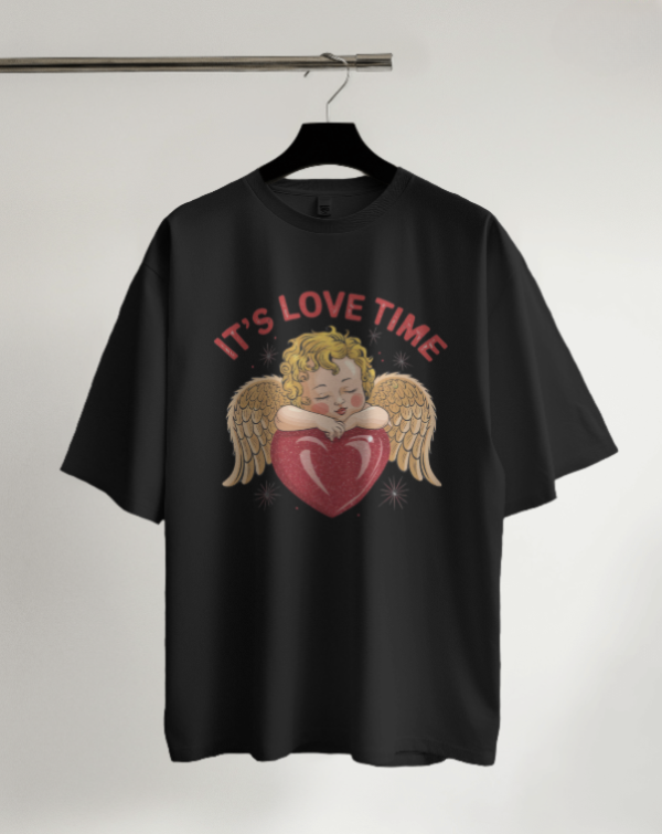 It's Love Time T-Shirt - Cute Angel with Heart Graphic Tee, Romantic Gift for Valentine's Day, Trendy Black Unisex Shirt